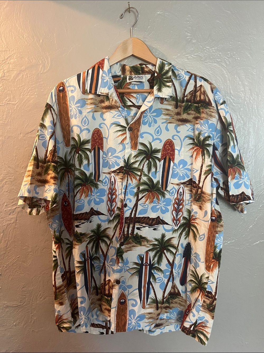 Aloha Republic Surfboard & Palm Print Made in Hawaii Hawaiian Cotton Shirt XL
